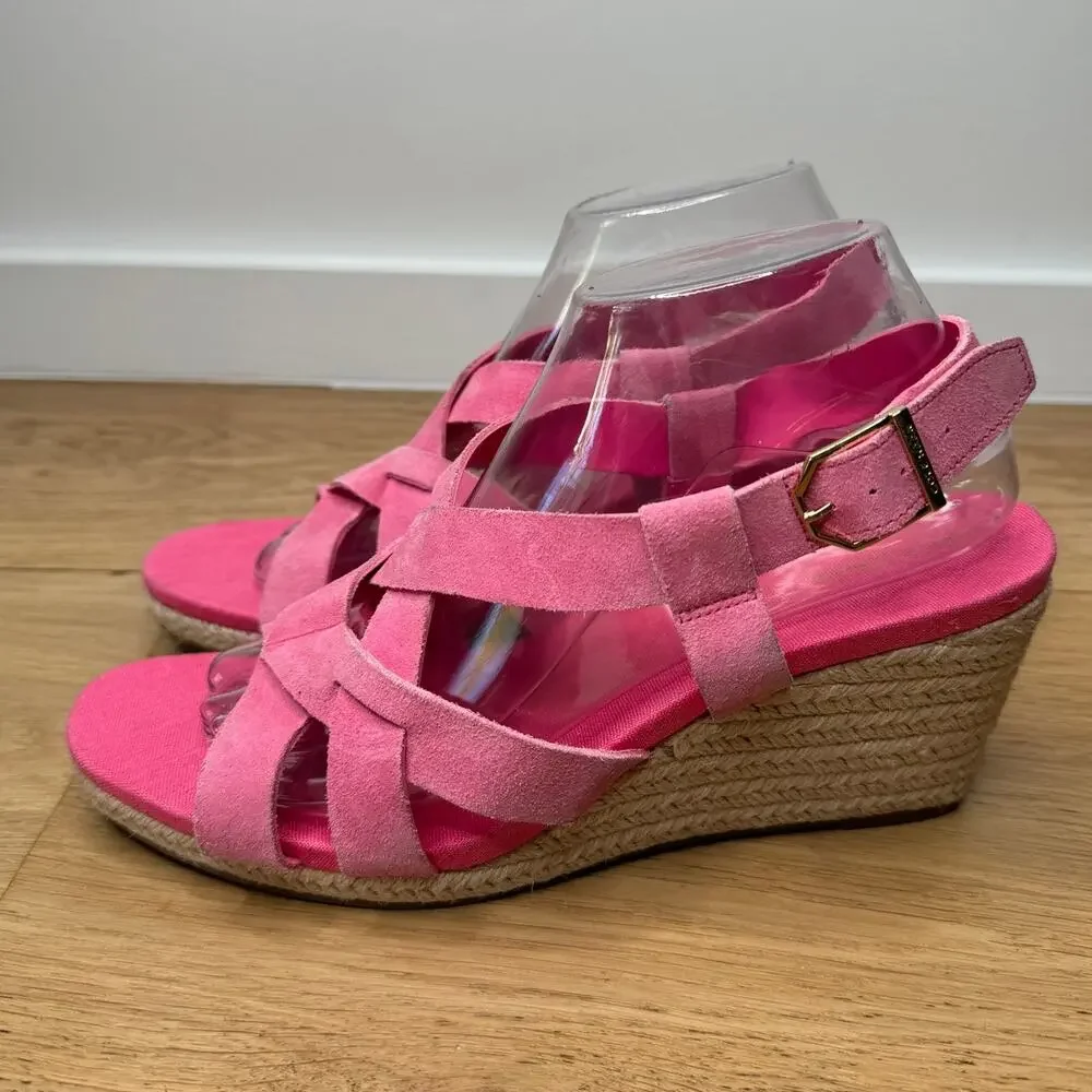 NEW Cole Haan Pink Crystal Wedge Suede Leather Espadrille Strap Sandal, Size 9.5